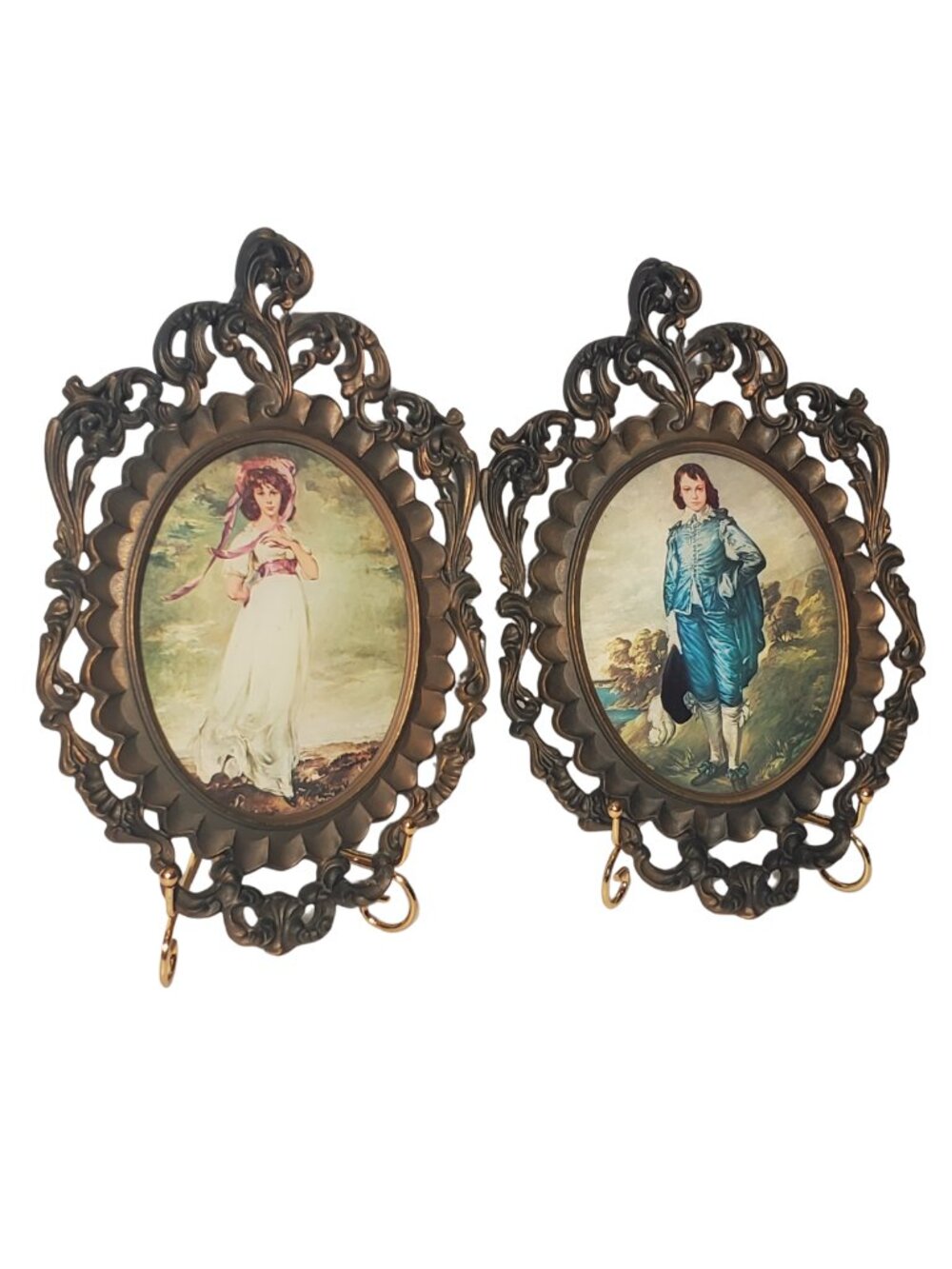 Vintage Italian Pinkie & The Blue Boy Oval Framed Art Set  Convex Glass